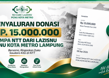 LAZISNU PCNU KOTA METRO LAMPUNG SALURKAN DONASI RP 15 JUTA UNTUK KORBAN GEMPA NTT